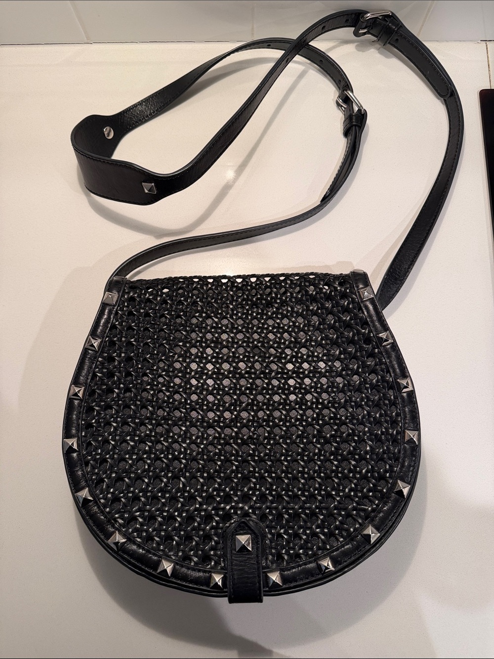 Rebecca Minkoff Black Woven Crossbody Bag with Silver Stud Trim!